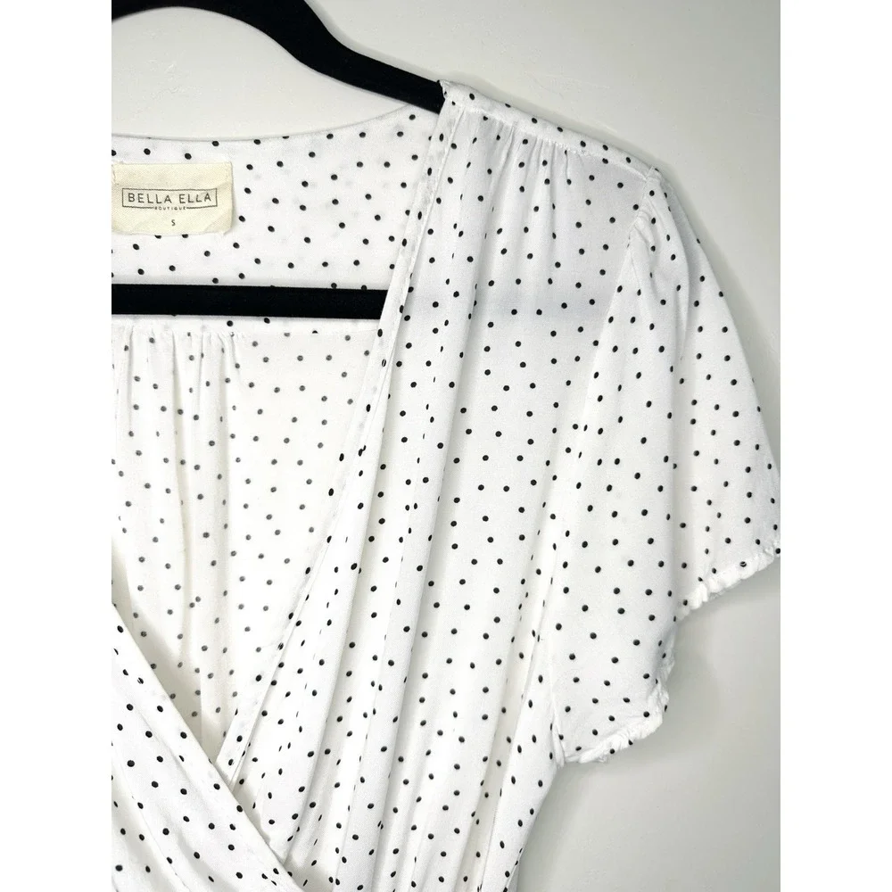 Bella Ella White Black Polka Dot Faux Wrap Dress Rayon S Summer Wedding Guest‎